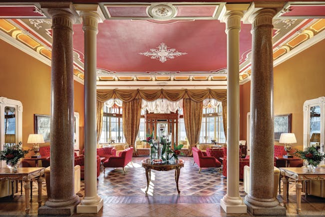Grand Hotel Tremezzo Lake Como lobby marble columns elegant décor sofas