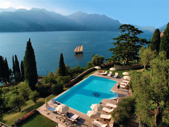 Bellevue San Lorenzo Lake Garda aerial shot of pool sun loungers view of lake