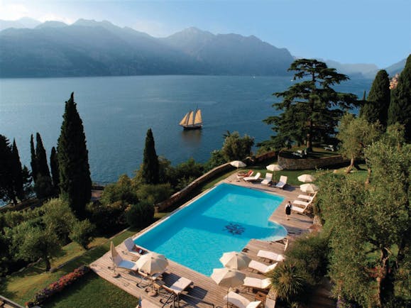 Bellevue San Lorenzo Lake Garda aerial shot of pool sun loungers view of lake