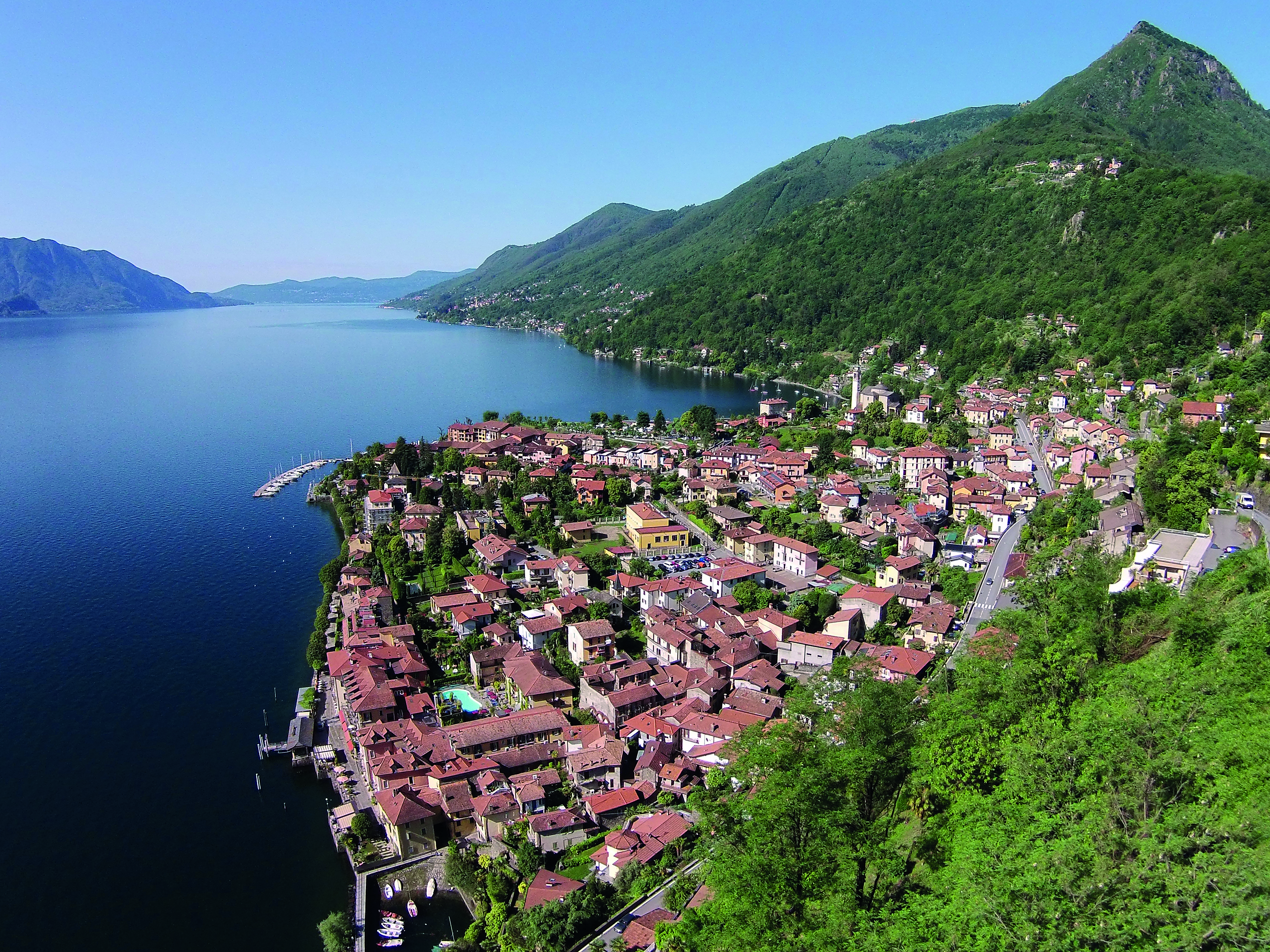 Hotel Cannero Lake Maggiore aerial shot of Cannero town lake and mountains in the background