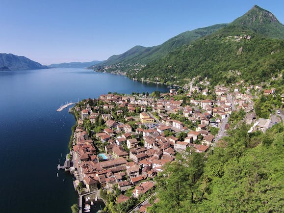 Hotel Cannero Lake Maggiore aerial shot of Cannero town lake and mountains in the background