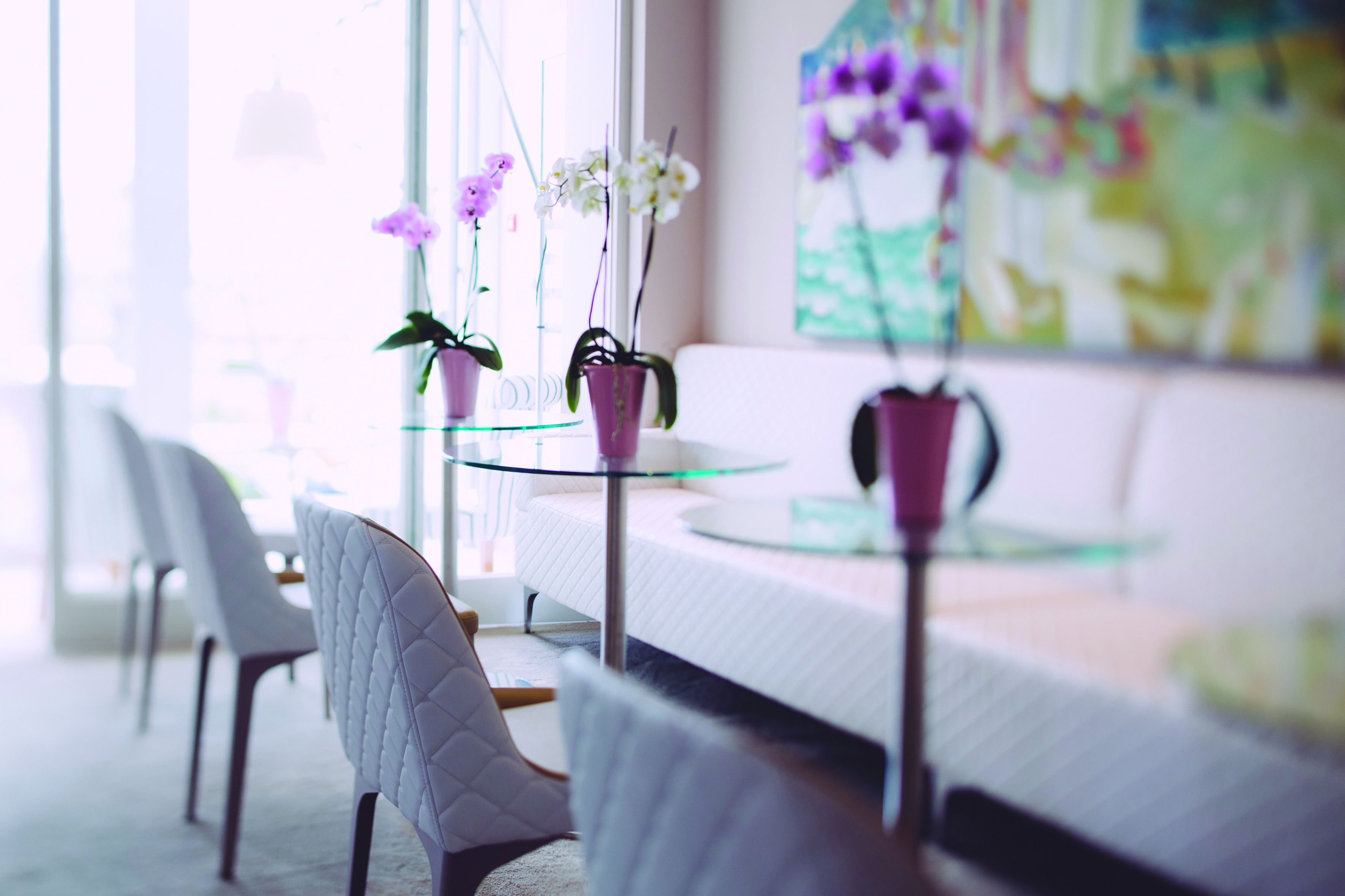 Hotel Olivi lounge and bar with white seats, small clear coffee tables with purple flowers on