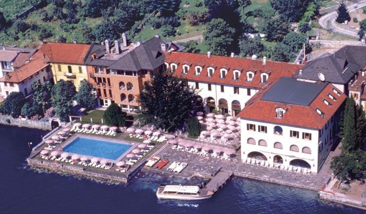 Hotel San Rocco Lake Orta aerial hotel buildings gardens pool jetty lake