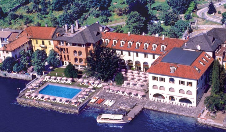 Hotel San Rocco Lake Orta aerial hotel buildings gardens pool jetty lake
