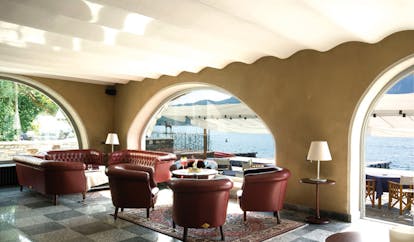 Hotel San Rocco Lake Orta bar leather sofa and seats overlooking lake