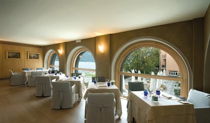 Hotel San Rocco Lake Orta dining restaurant overlooking terrace lake in background
