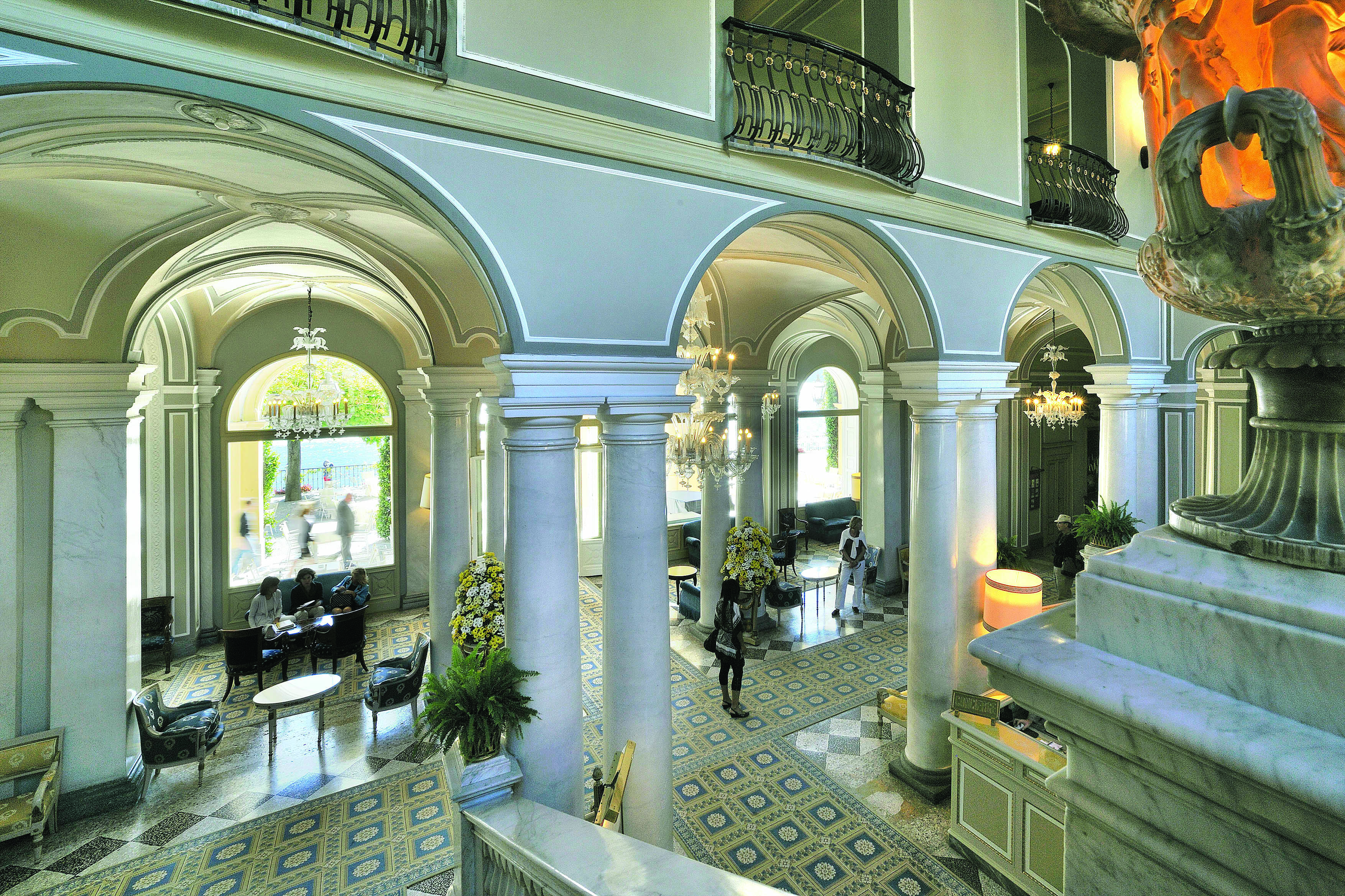 Villa d' Este Lake Como lobby marble columns and tiles indoor seating classical décor