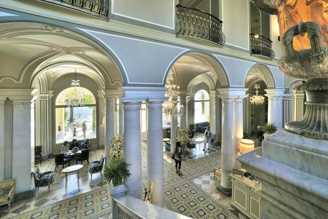 Villa d' Este Lake Como lobby marble columns and tiles indoor seating classical décor