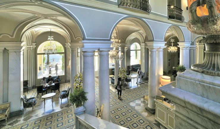 Villa d' Este Lake Como lobby marble columns and tiles indoor seating classical décor