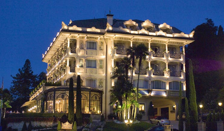 Villa Aminta Lake Maggiore hotel exterior by night ornate architecture