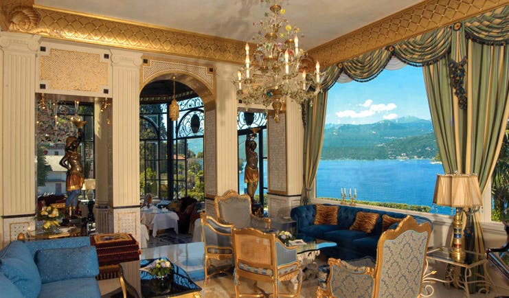 Villa Aminta Lake Maggiore lounge communal seating area ornate décor lake views