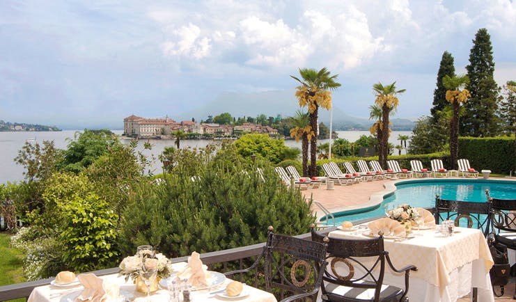 Villa Aminta Lake Maggiore poolside terrace tables chairs lake views