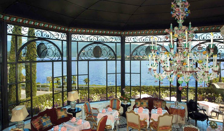 Villa Aminta Lake Maggiore restaurant indoor dining area ornate décor chandelier
