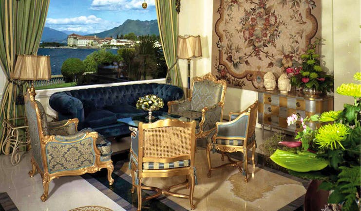 Villa Aminta Lake Maggiore indoor seating area ornate décor tapestry lake views
