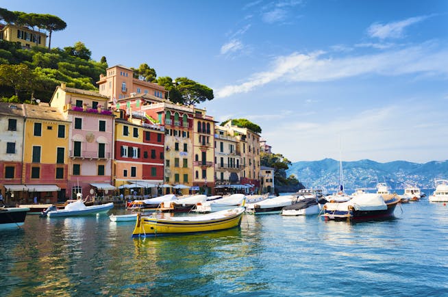 Small colourful boats in harbour water with houses of red and ochre in Portofino