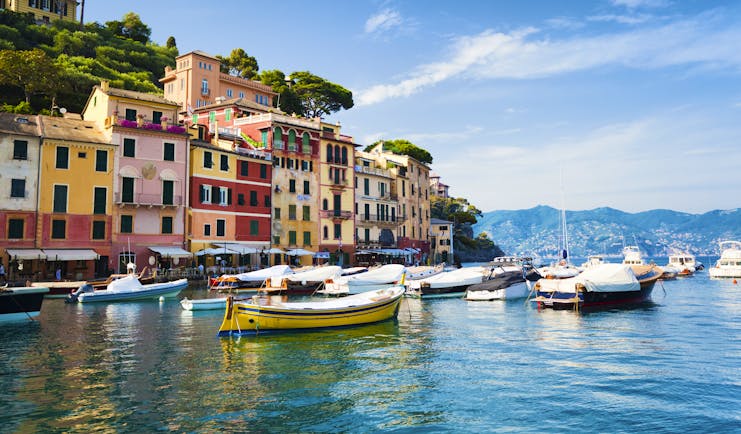 Small colourful boats in harbour water with houses of red and ochre in Portofino