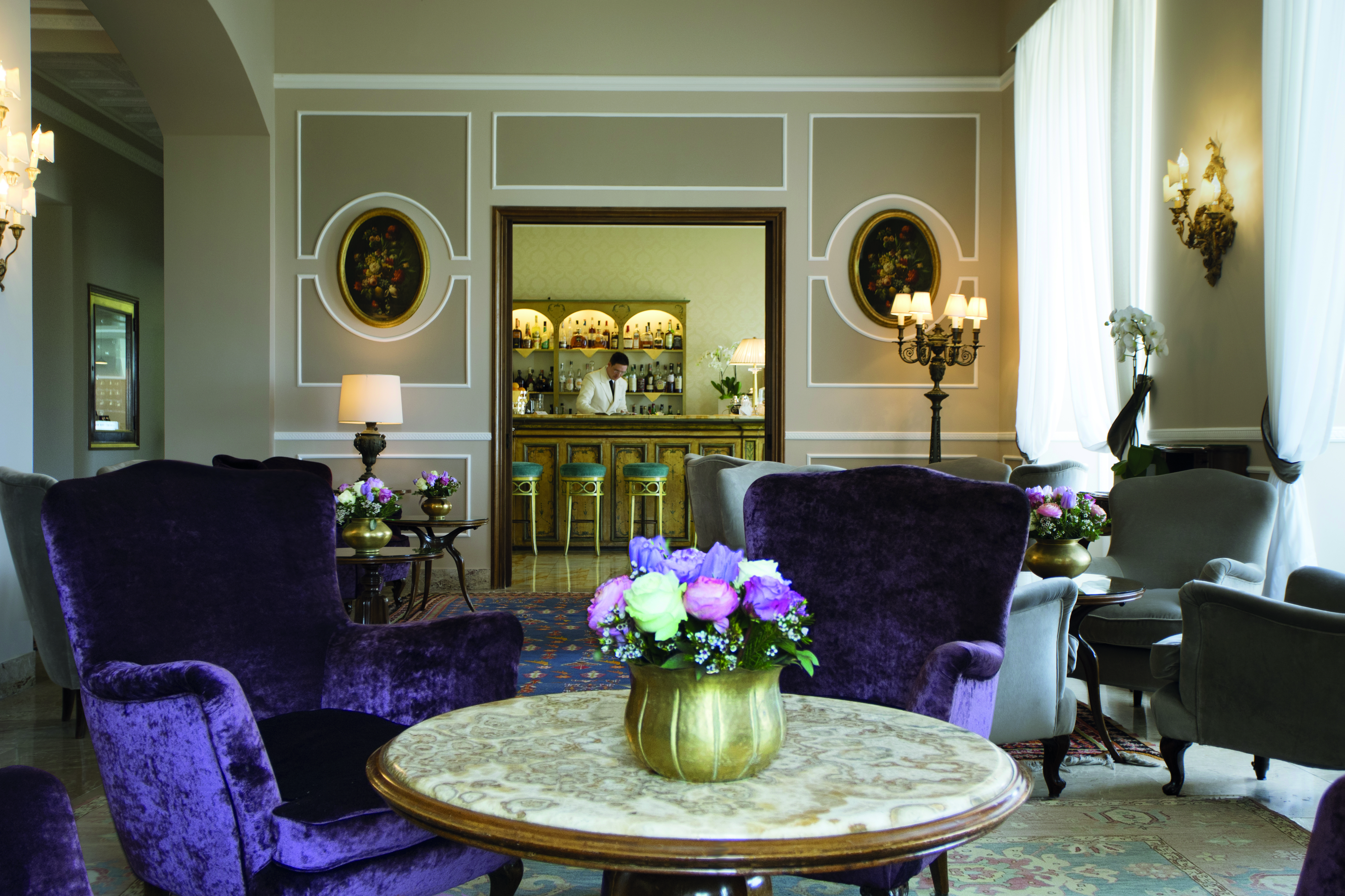 Grand Hotel Miramare Ligurian Riviera communal lounge leading to bar stylish décor