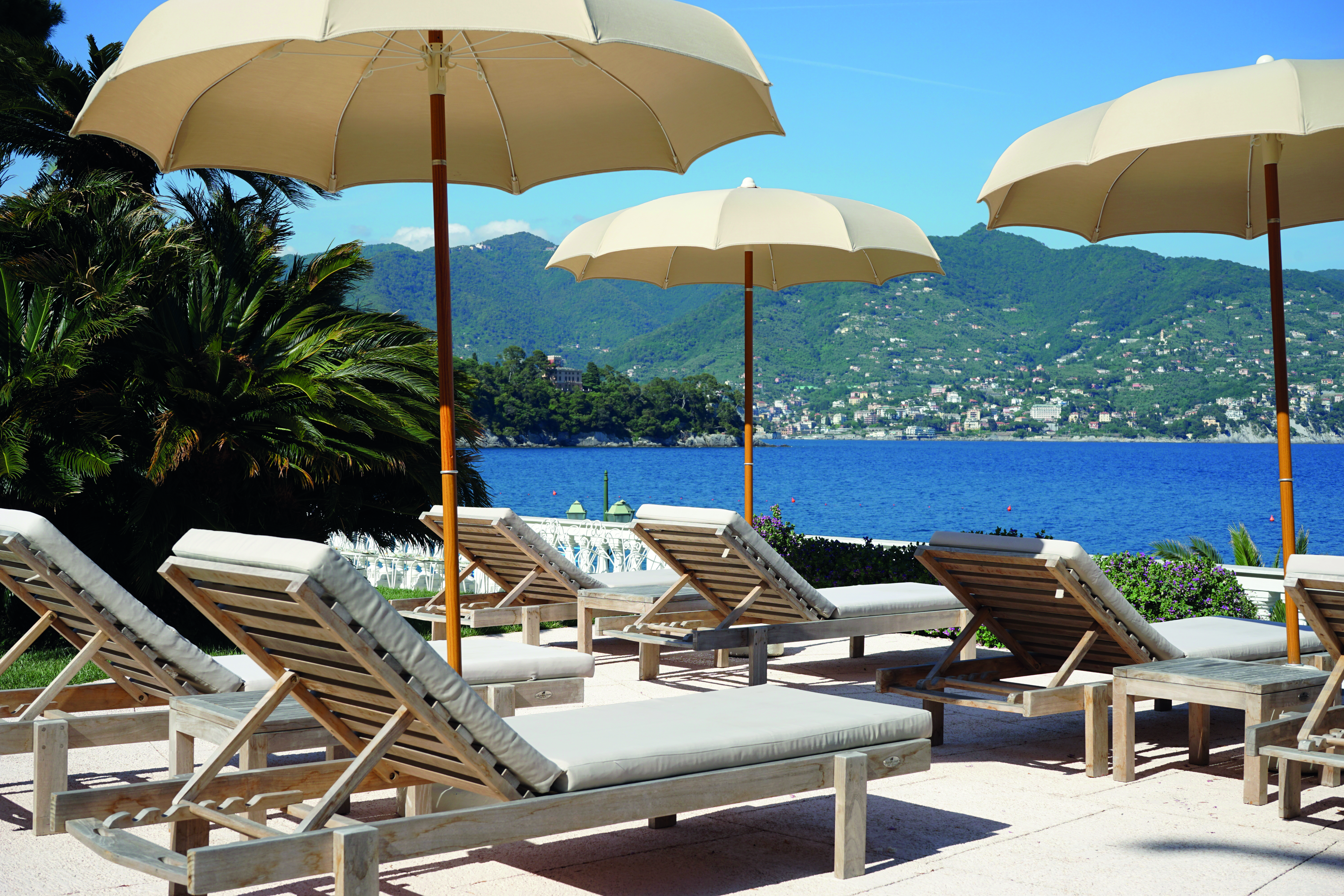 Grand Hotel Miramare Ligurian Riviera view from pool sun loungers umbrellas overlooking the sea