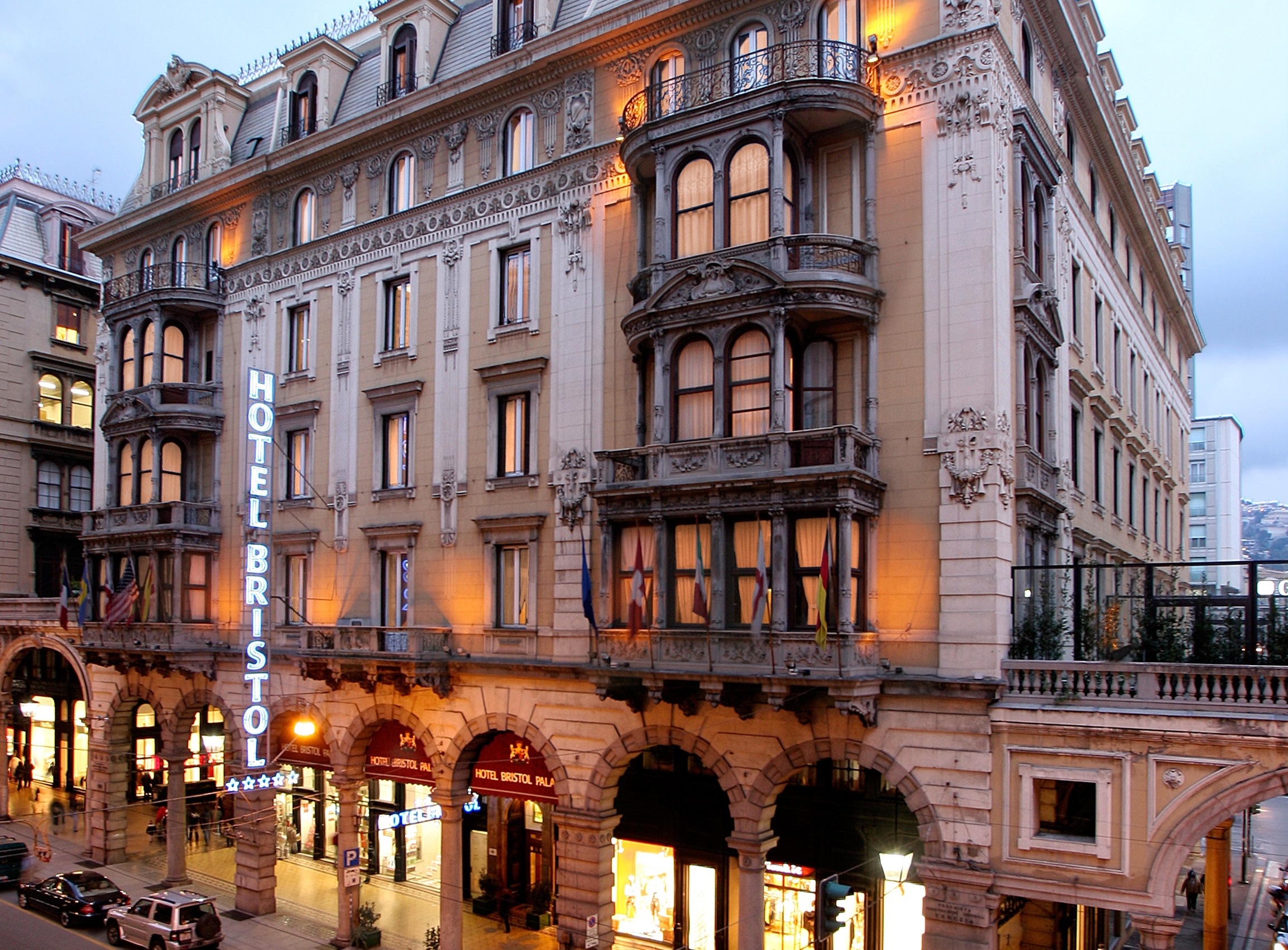 Hotel Bristol Palace facade, with ornate, classical palace architecture and arcades on ground floor