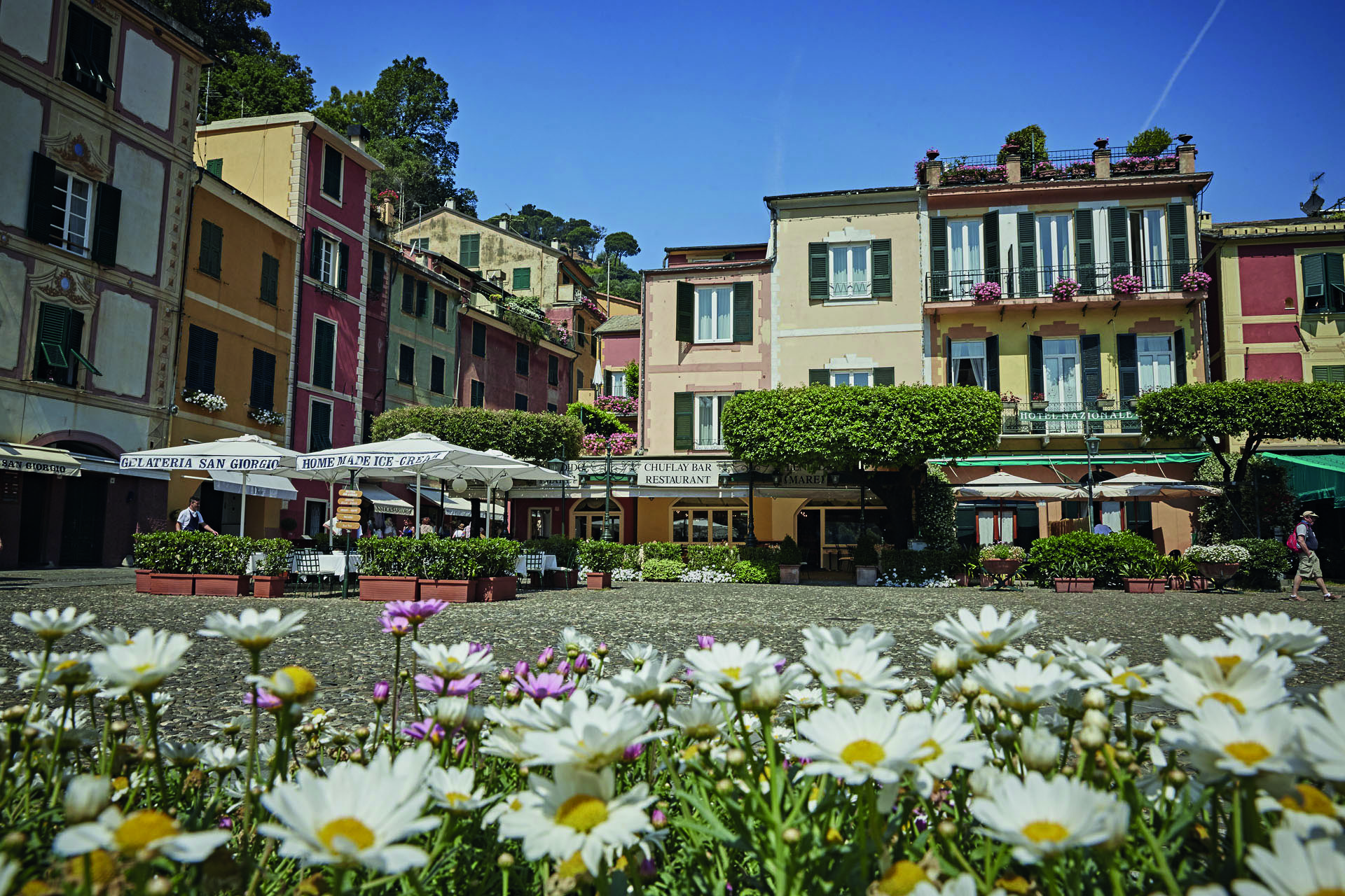 Splendido Portofino exterior hotel on the piazza outdoor seating area daisies in the foreground