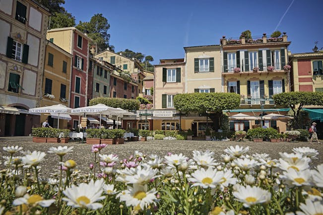 Splendido Portofino exterior hotel on the piazza outdoor seating area daisies in the foreground