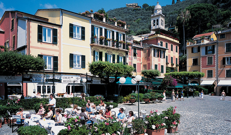 Splendido Portofino piazetta outdoor dining mountains in the background