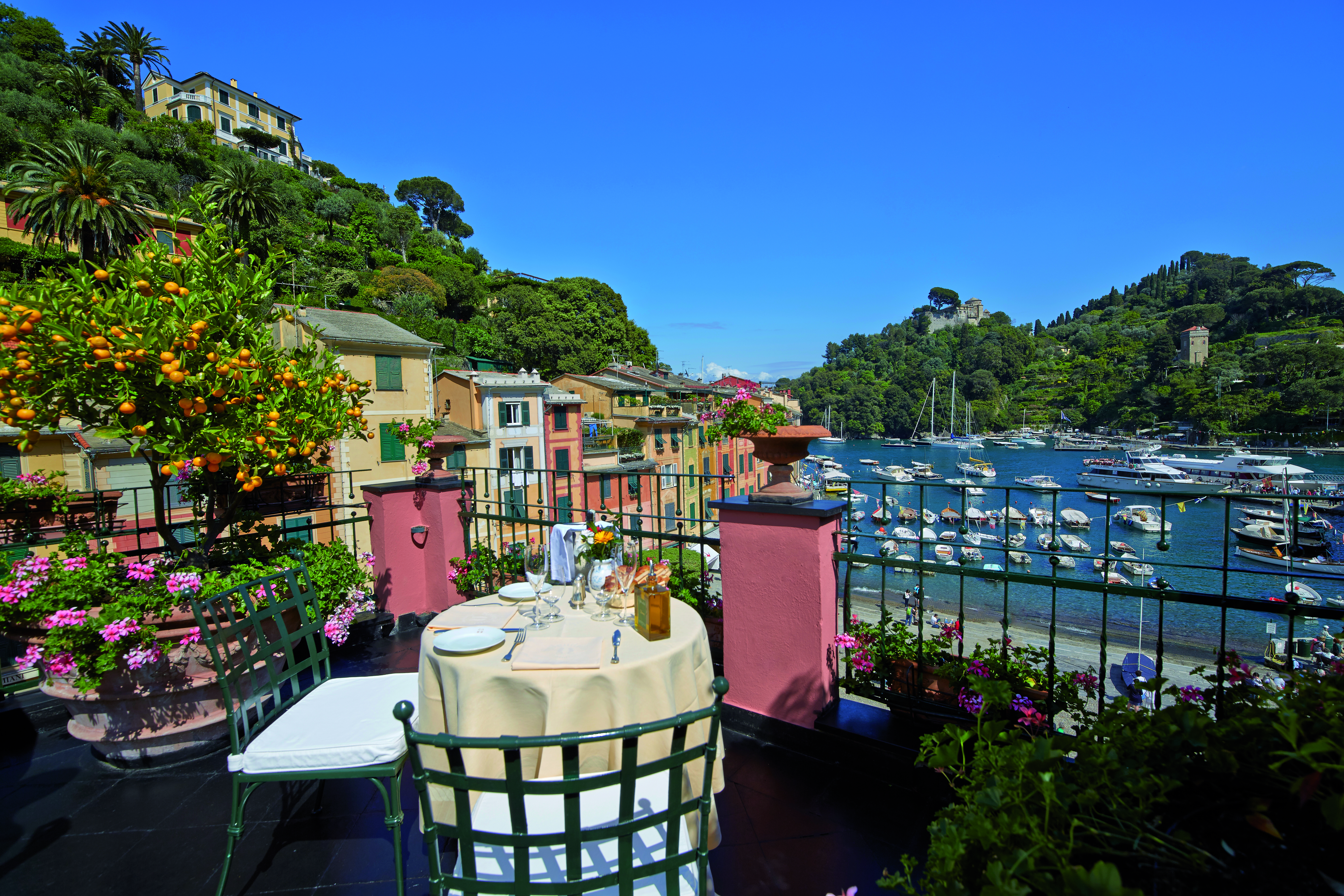 Splendido Portofino Ava Gardner suite terrace outdoor dining overlooking boats in the harbour