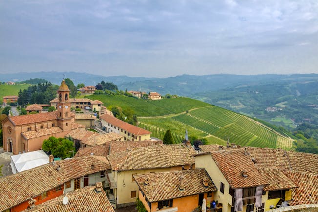 Terracotta roofs of village of Serralunga d'Alba in Piemonte