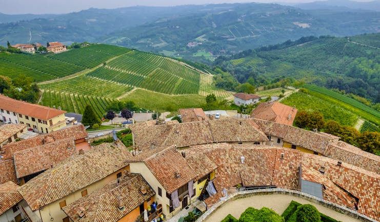 Terracotta roofs of village of Serralunga d'Alba with hills of vines