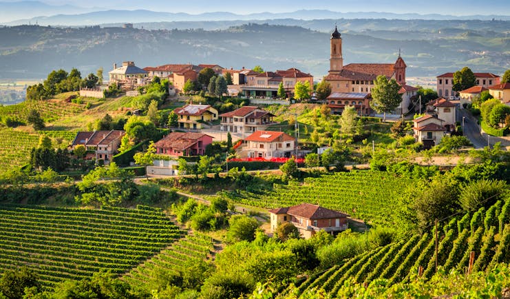 Hilly vineyards with village of red roofs in Le Langhe in Piemonte