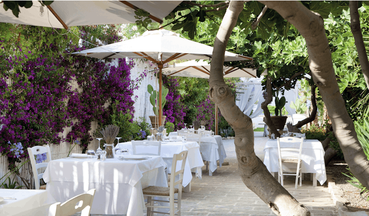 Canne Bianche Puglia outdoor restaurant seating area flowers and trees
