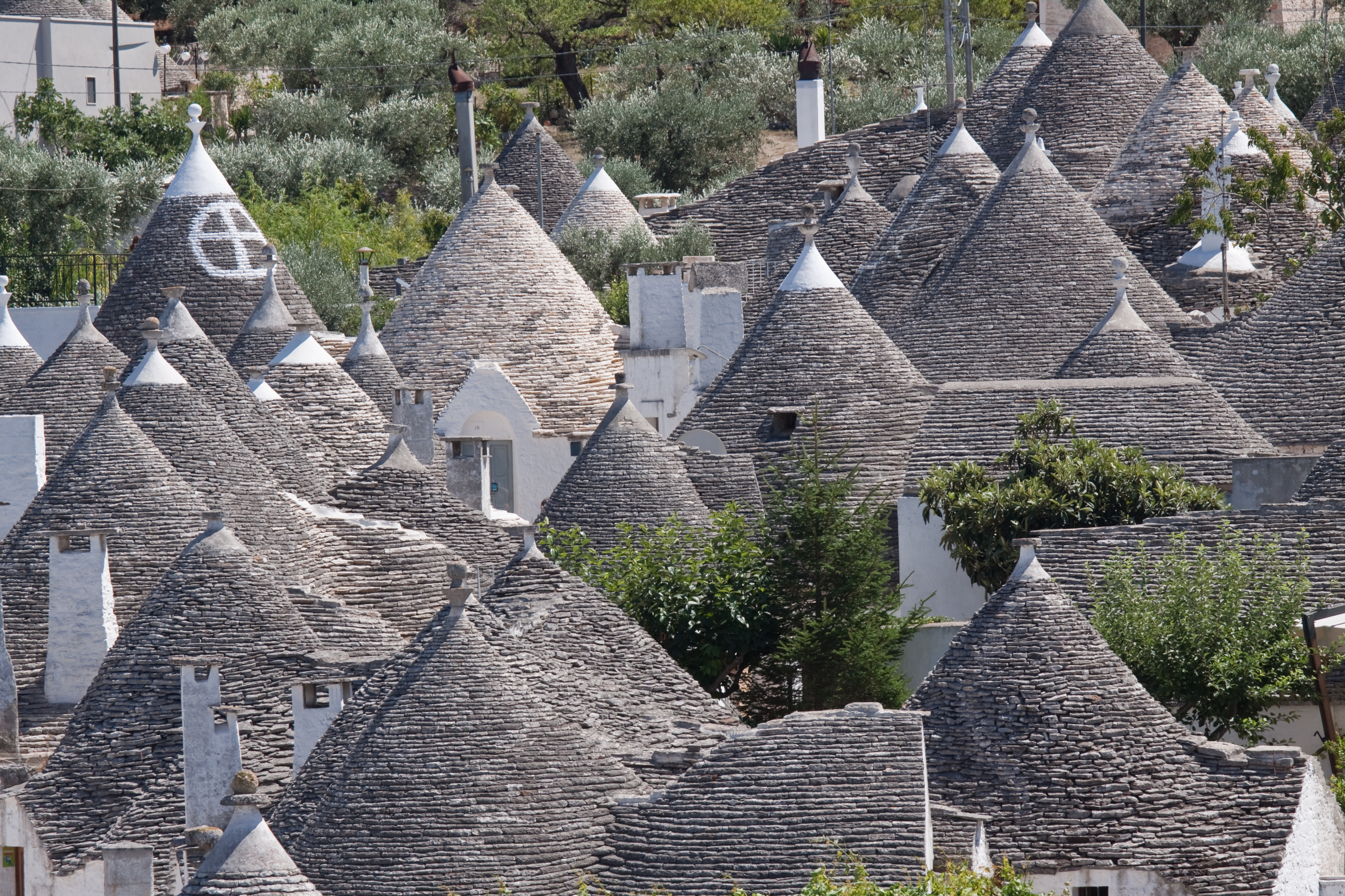 Conical grey slate roofs of the Trulli houses clustered together in Alberobello Puglia