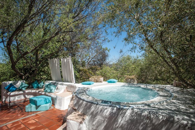 Jacuzzi plunge pool with seating areas around the sides and trees overhead