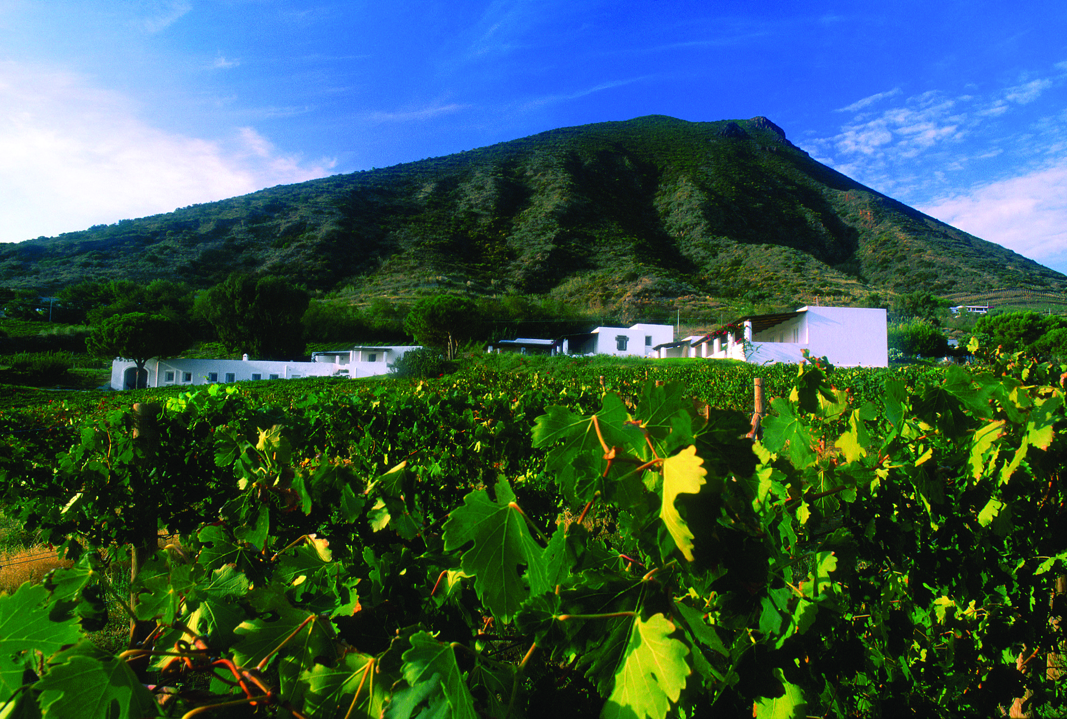 Capofaro Hotel Sicily exterior hotel building vineyards mountain in background