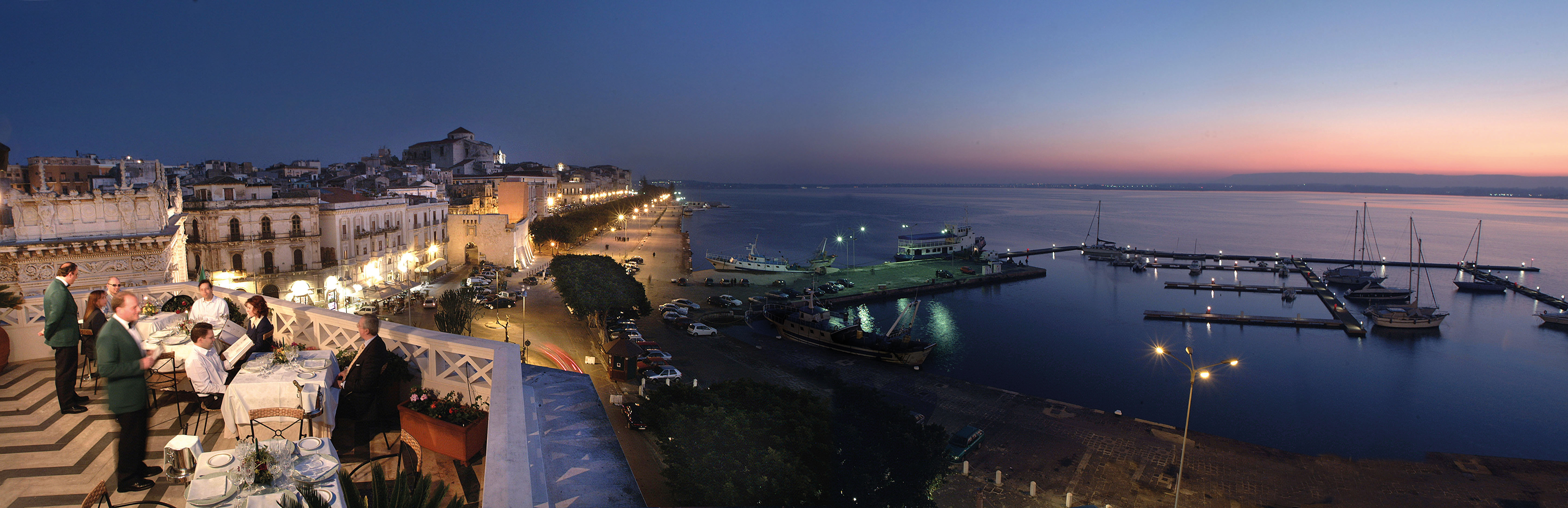 View from hotel at sunset looking out over the sea