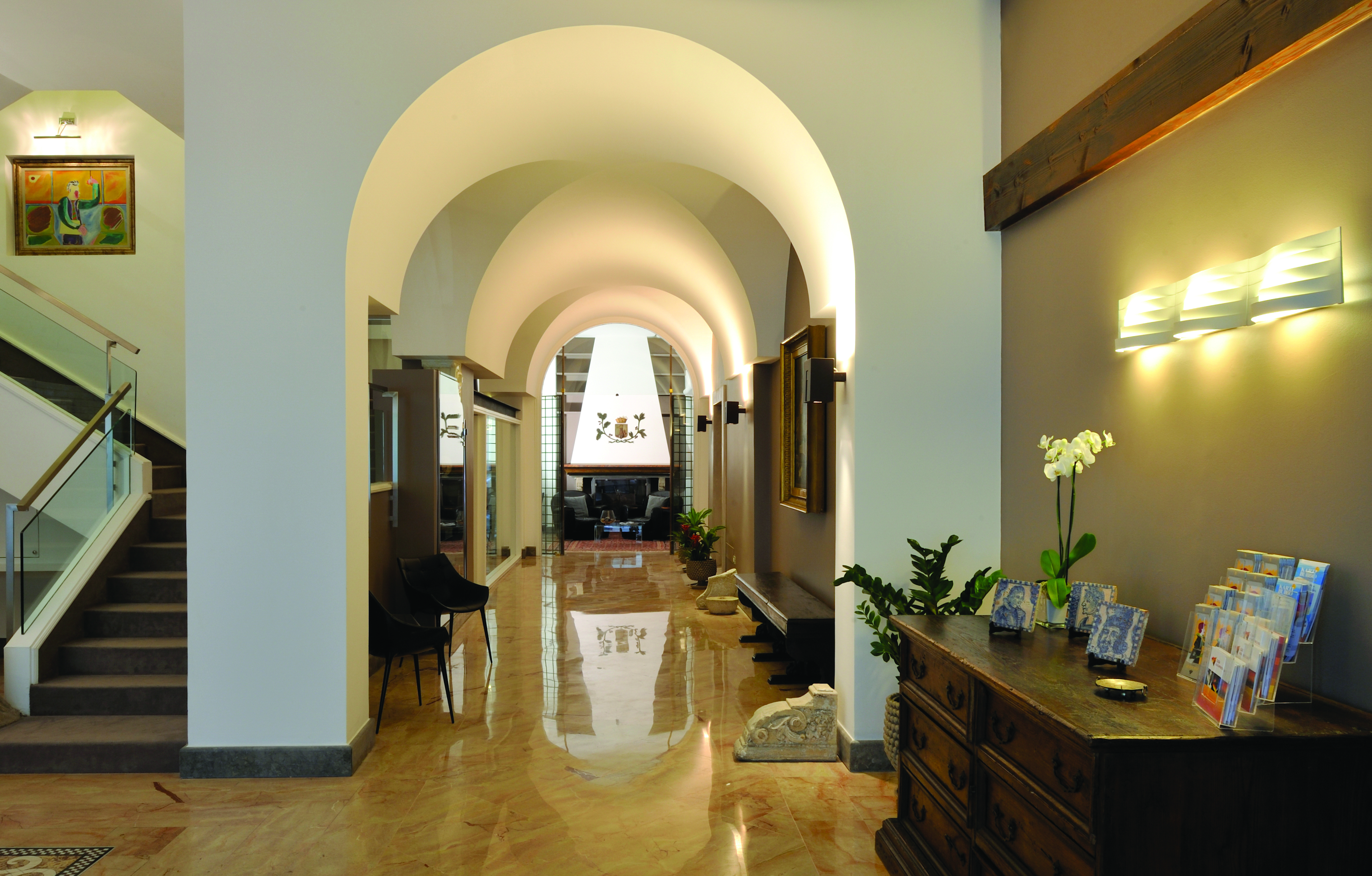 Hotel Principe di Villafranca hall, marble floors, archway, elegant decor
