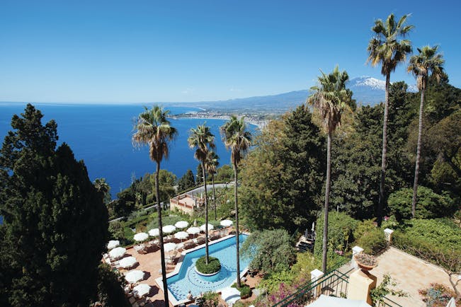 Hotel Villa Belvedere Sicily aerial shot of pool and terrace sea mount etna in background