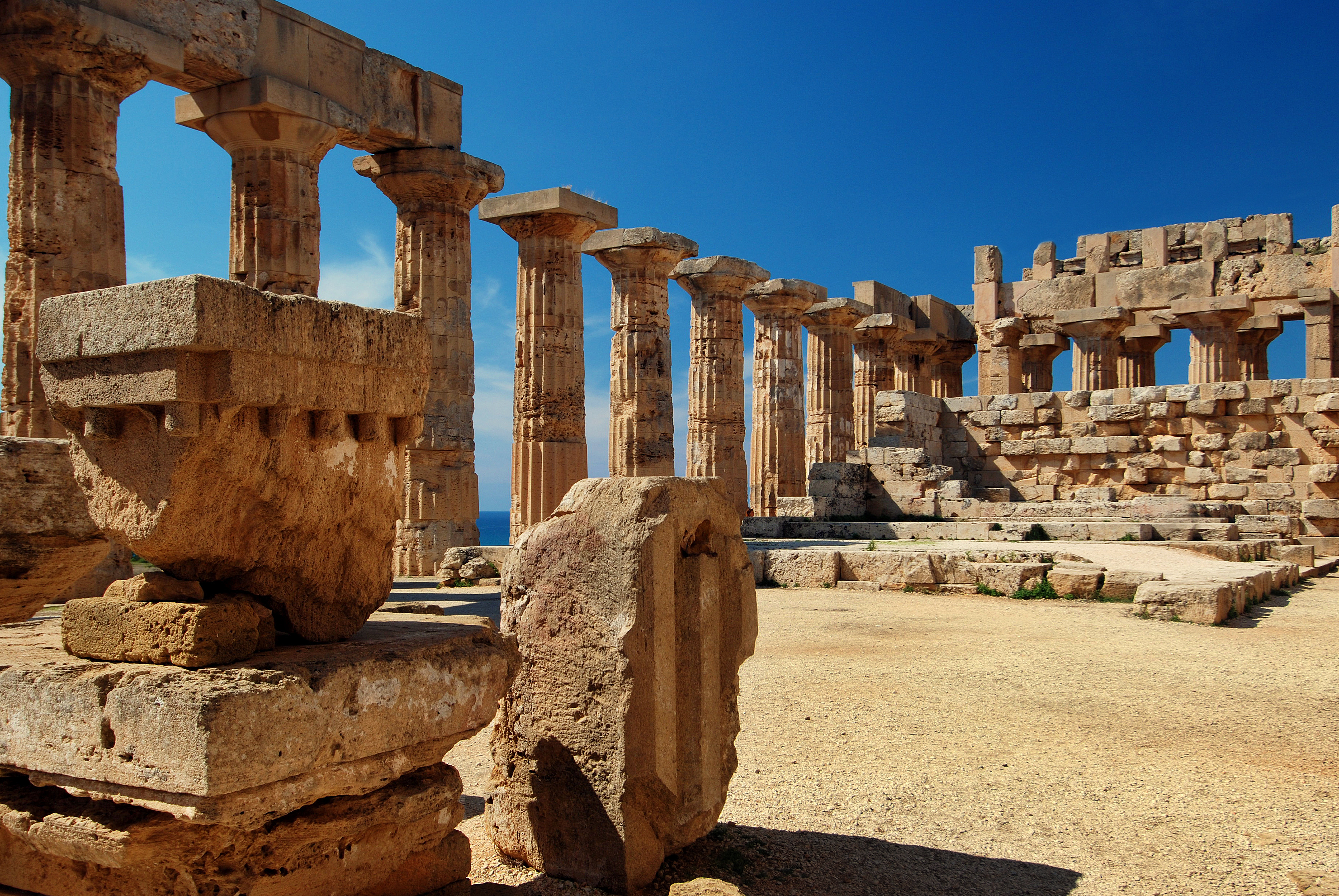 Ruined columns of temple of Hera in the valley of the temples at Agrigento