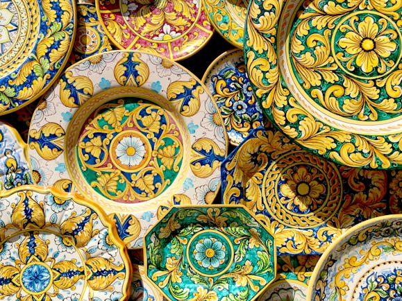 Byzantine style of colourful ceramic dishes from Erice in Sicily