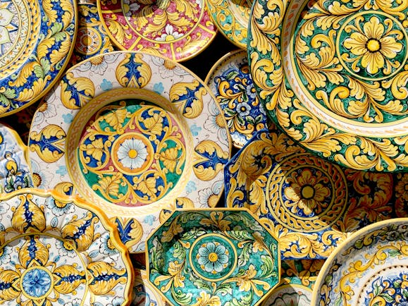 Byzantine style of colourful ceramic dishes from Erice in Sicily