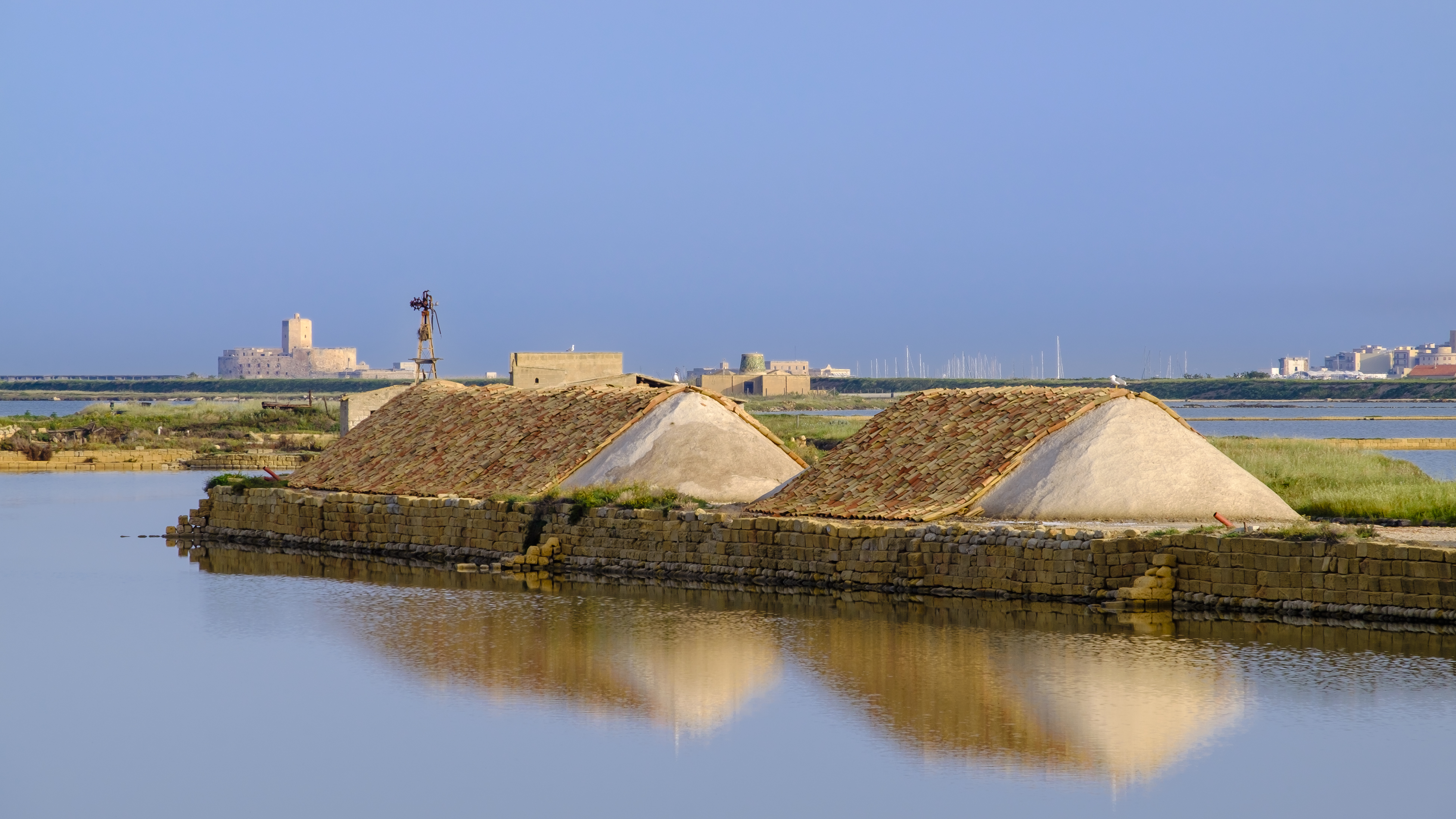 Mounds of salt on the seaside in Marsala Sicily
