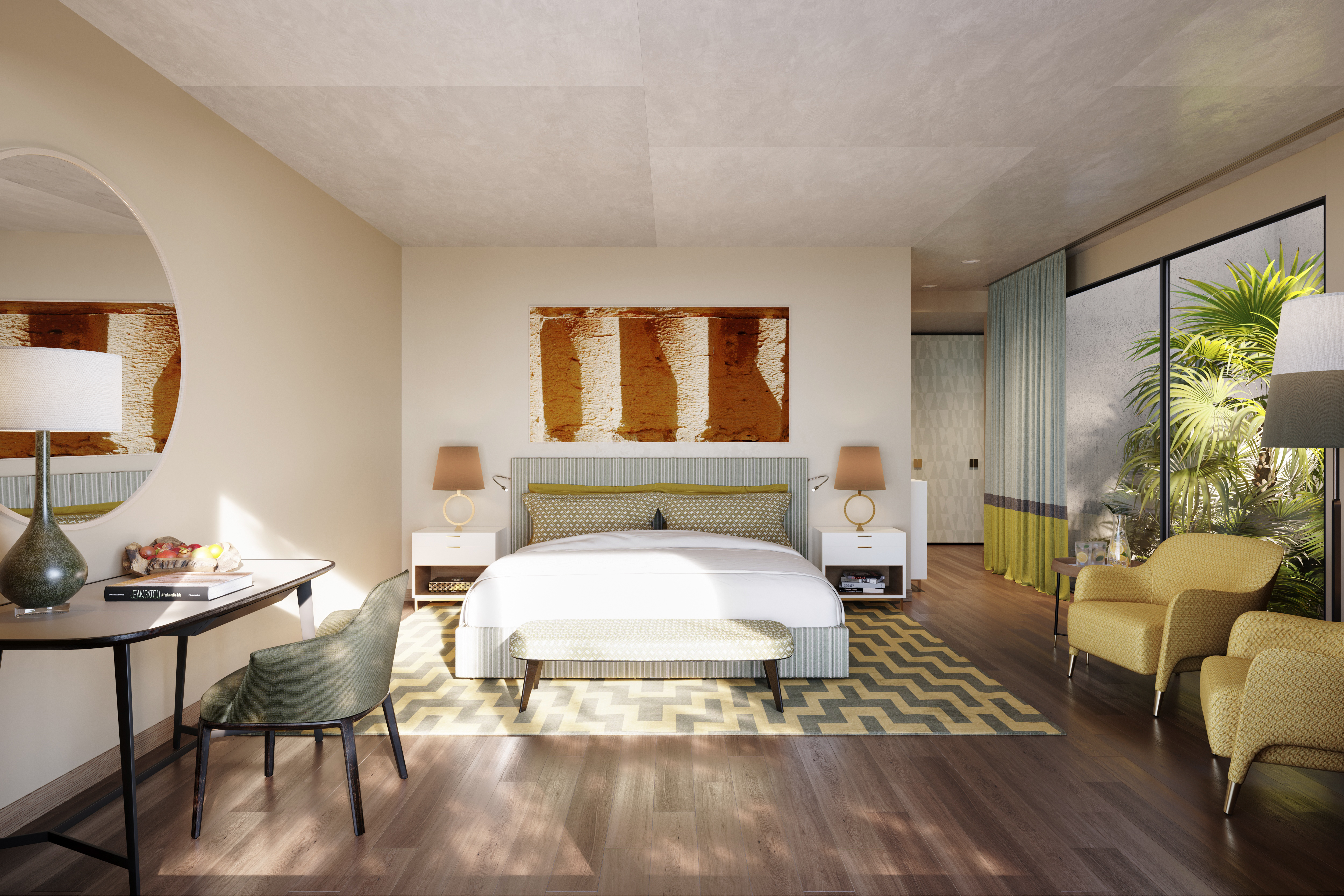 Verdura Resort bedroom with wooden floor and large windows in villa