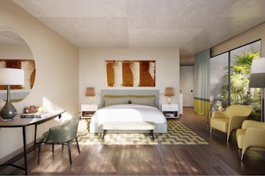 Verdura Resort bedroom with wooden floor and large windows in villa