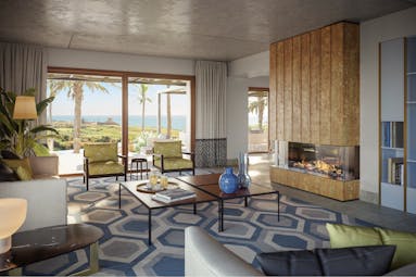 Verdura Resort living room with blue geometric floor of private villa