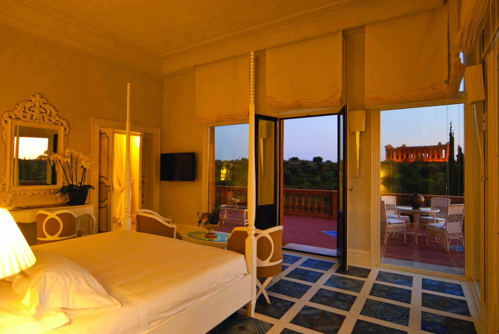 Villa Athena Sicily villa suite elegant décor terrace with views of ancient temple