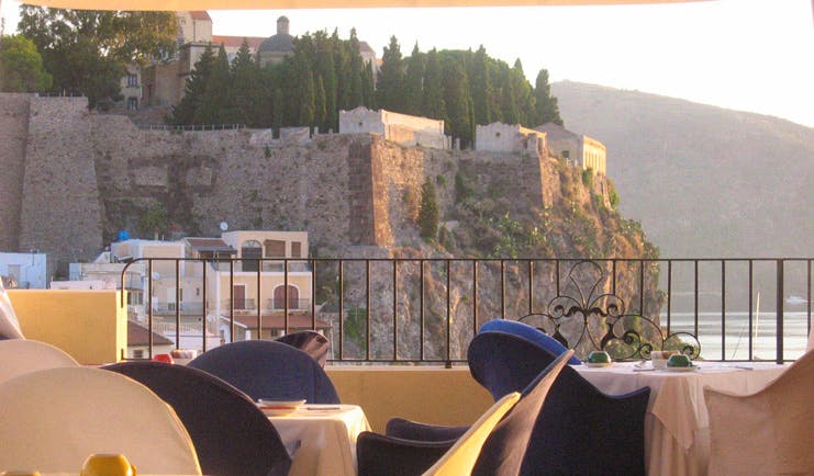Villa Meligunis Sicily terrace restaurant view of ancient town and sea
