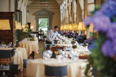 Villa San Michele Tuscany restaurant indoor dining area contemporary décor