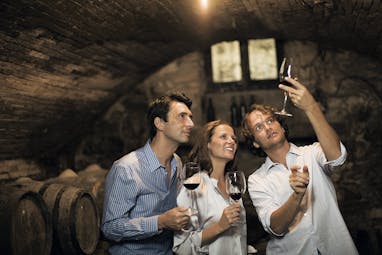Castel Monastero Tuscany wine tasting wine cellar couple and wine expert