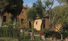 Il Faconiere Tuscany exterior hotel front trees and potted plants
