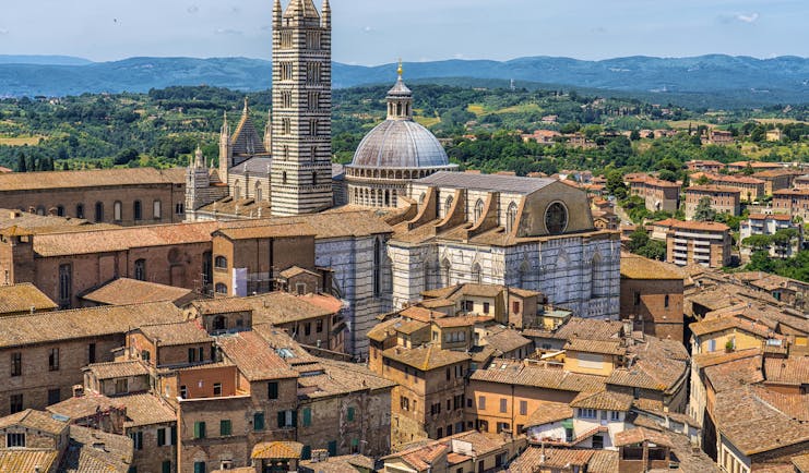 Terracotta roofs of historic houses in Siena with the dome and tower of the cathedral